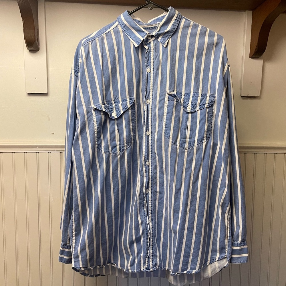 Vintage Sostanza Blue and white striped button down shirt size L fisherman style